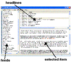 a screenshot of a typical three-panel RSS aggregator